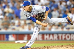 10/15/15 - Game 5 of the National League Division Series Playoffs between the Los Angeles Dodgers and the New York Mets at Dodger Stadium in Los Angeles, California - New York Mets pitcher Noah Syndergaard #34 pitching in relief in the 7th inning.